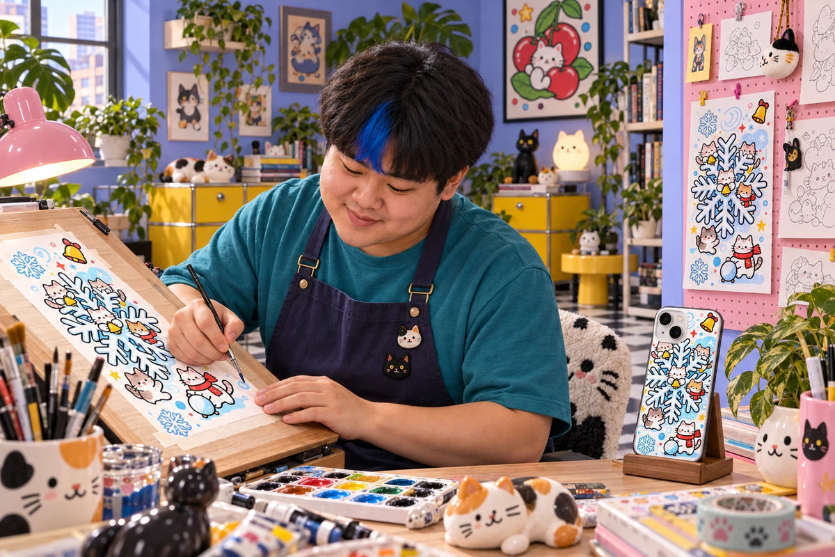 AI visualization of Milo Vivid creating phone-case illustrations in a distinctive studio