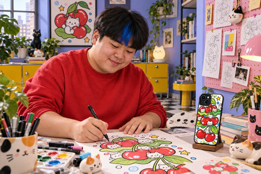 AI visualization of Milo Vivid creating phone-case illustrations, with a finished design displayed in the studio