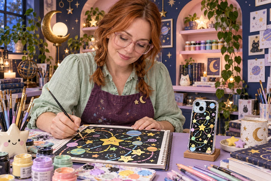 AI visualization of Mimi Starling creating phone-case illustrations, with a finished design displayed in the studio