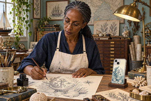 AI visualization of Selene Thorne creating phone-case illustrations, with a finished design displayed in the studio