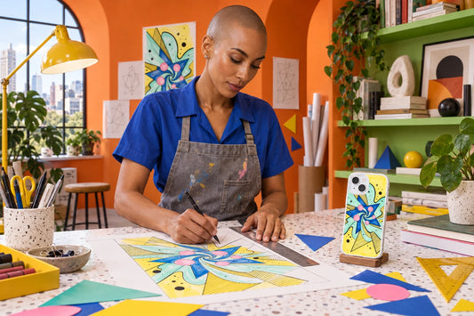 AI visualization of Talia Rove creating phone-case illustrations, with a finished design displayed in the studio