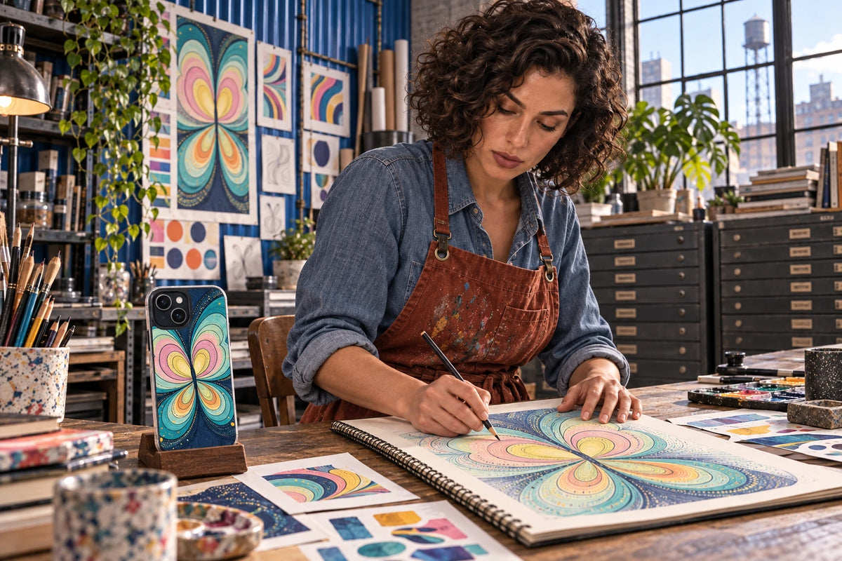 AI visualization of Zella Vey creating phone-case illustrations in a distinctive studio