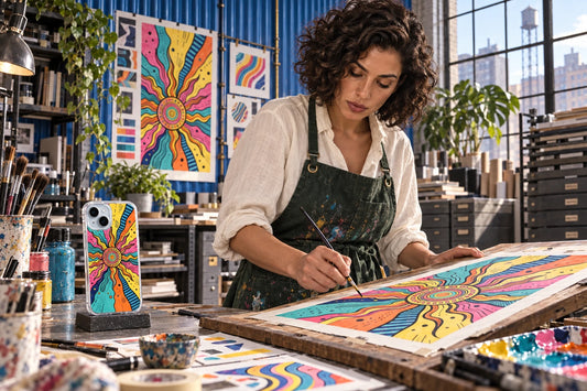 AI visualization of Zella Vey creating phone-case illustrations, with a finished design displayed in the studio