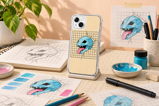 AI visualization of Jun xiant collection illustration studio with an iPhone 15 Plus art case on a stand
