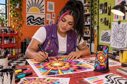 AI visualization of Mara Vexley illustration studio with an iPhone 15 Plus art case on a stand