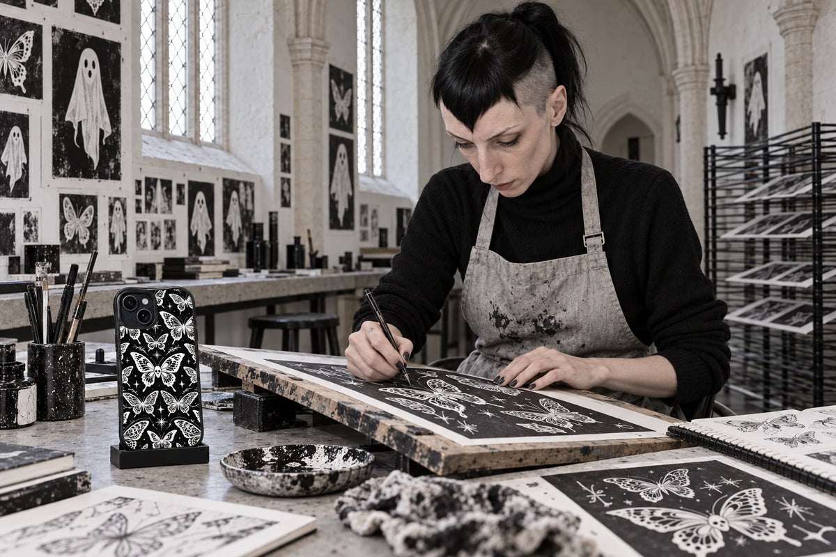 AI visualization of Vesper Wraith creating phone-case illustrations in a distinctive studio