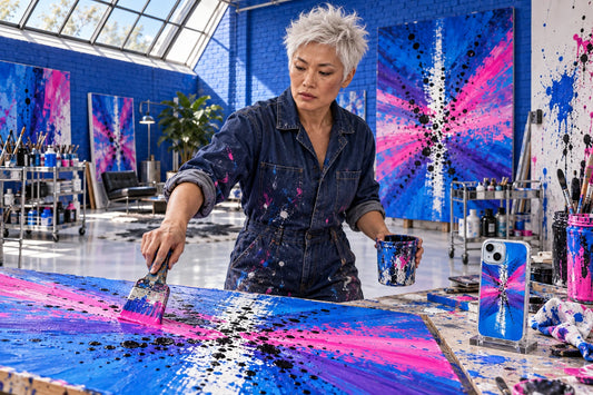 AI visualization of Zara Vexley illustration studio with an iPhone 15 Plus art case on a stand
