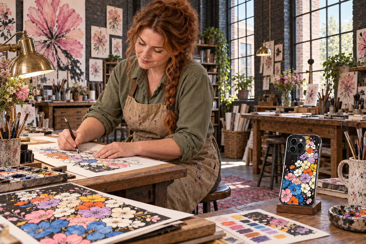 AI visualization of Mara Bloomwell creating phone-case illustrations in a distinctive studio