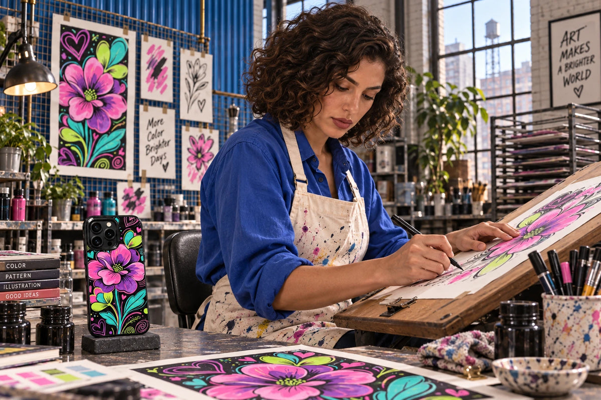 AI visualization of Zella Vey creating phone-case illustrations in a distinctive studio