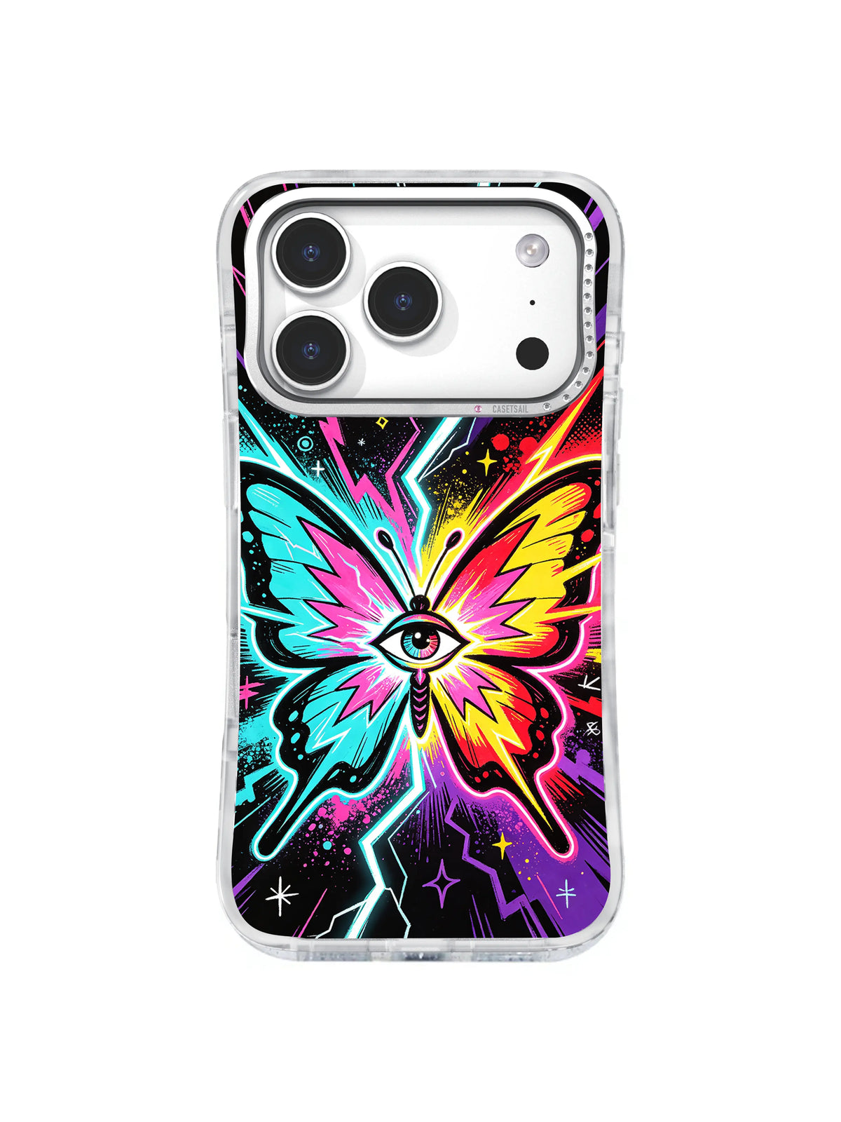 Electric Night Vision: A blue eye fills a yellow-and-pink butterfly on a black field crossed by neon lightning.