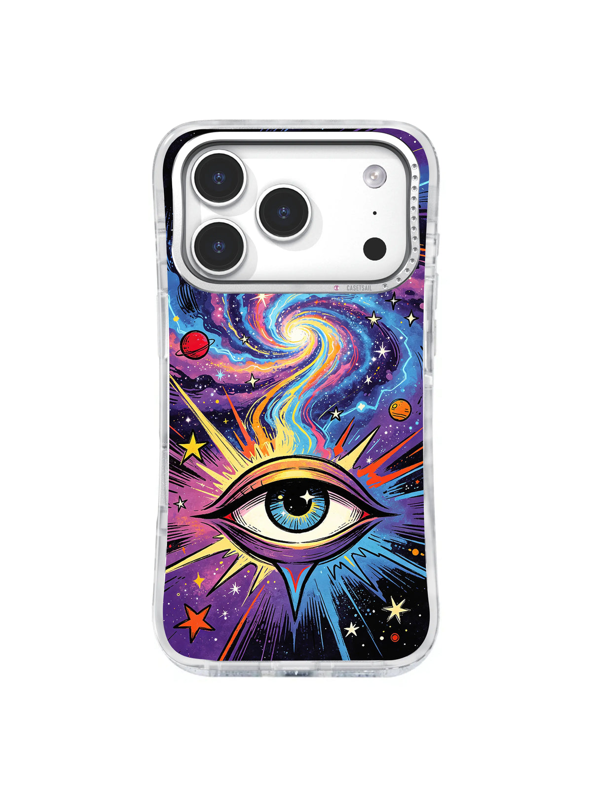 Spiral Cosmos Vision: Yeşil-mavi göz, yıldızlar ve küçük gezegenler arasındaki çok renkli sarmal galaksinin altındadır.