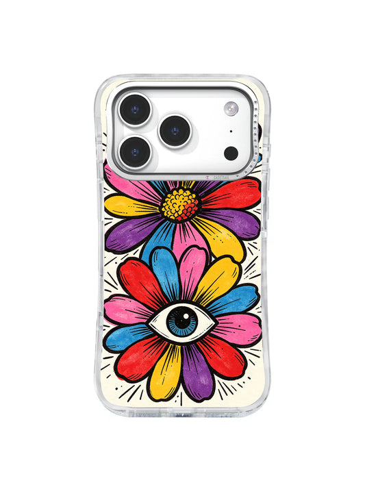 Rainbow Daisy Eye: Mavi göz; kırmızı, sarı, mor, pembe ve mavi yapraklı papatyanın merkezini oluşturur.