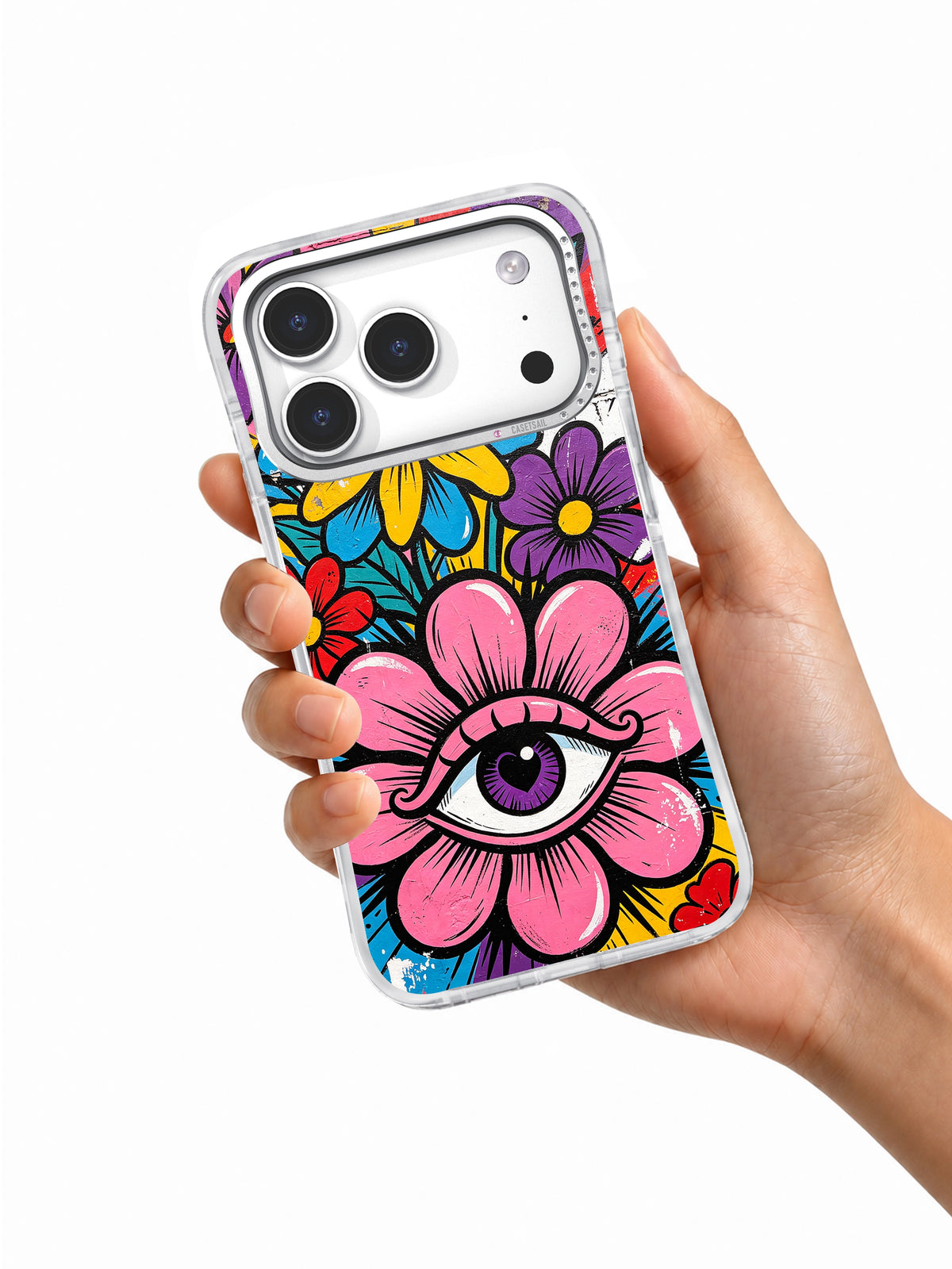 Ana Floral Energy Bloom desenli kılıfı tutan el