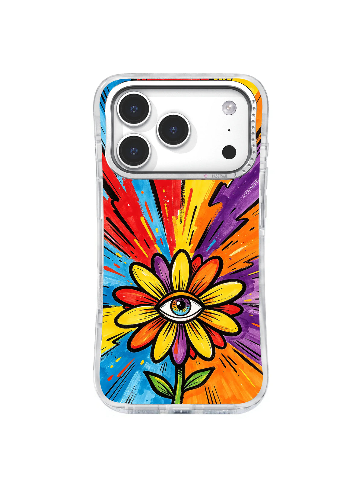 Rainbow Eye Daisy: A blue eye centers a rainbow-petal daisy above a green stem on a comic-style color burst.