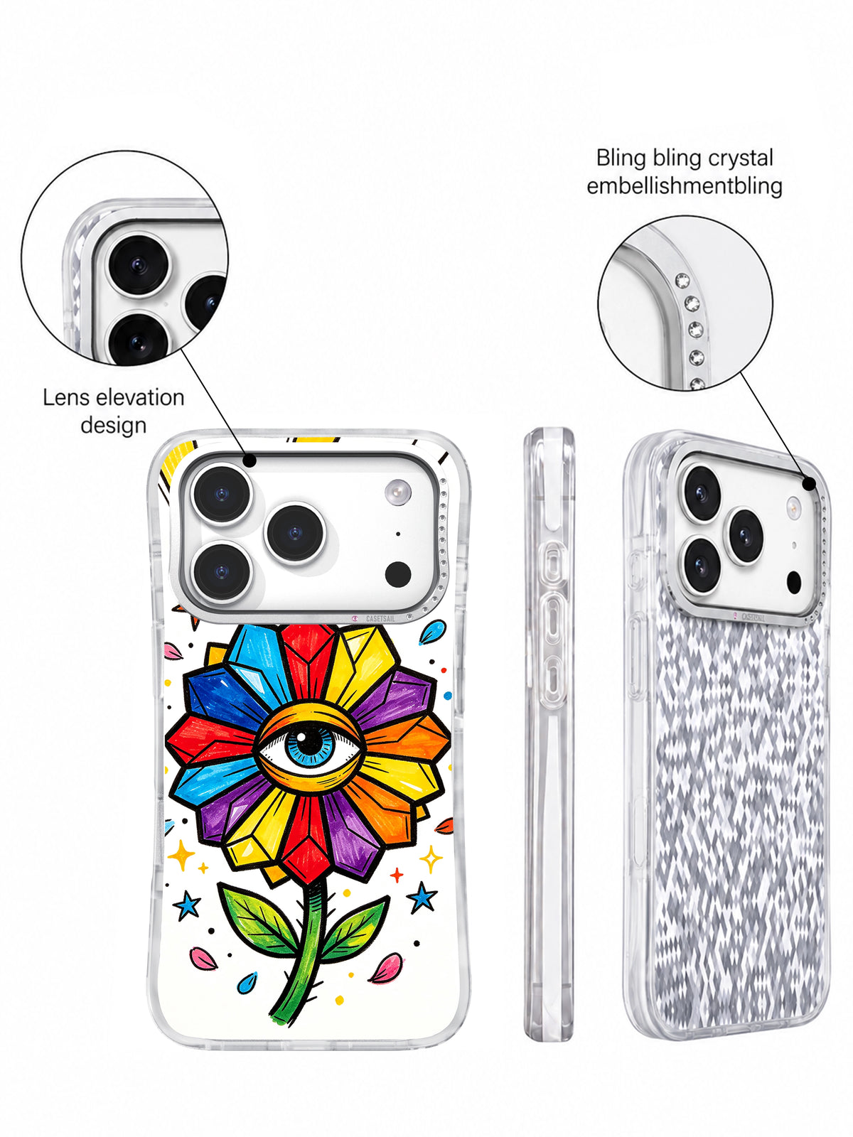 Front, side and rear views with lens-elevation and crystal-material claims