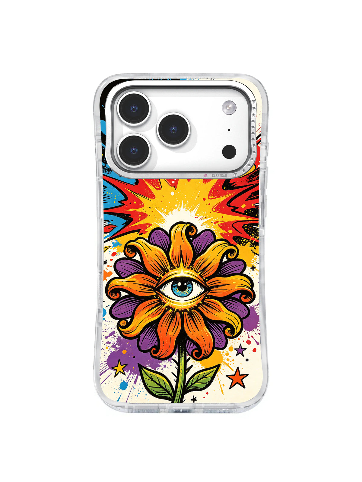Golden Curl Blossom: A green-blue eye sits in a curled orange and yellow flower against red and turquoise bursts.