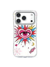 Moonlit Heart Burst: A magenta eye appears inside a pink heart and jagged burst above moon, candy and firework doodles.