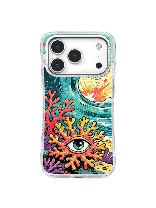 Coral Reef Vision: A green eye rises from pink and orange coral below a curling turquoise wave and warm sun.