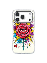 Pink Rose Vision: A blue eye sits in a layered pink-red rose above turquoise leaves and small stars.