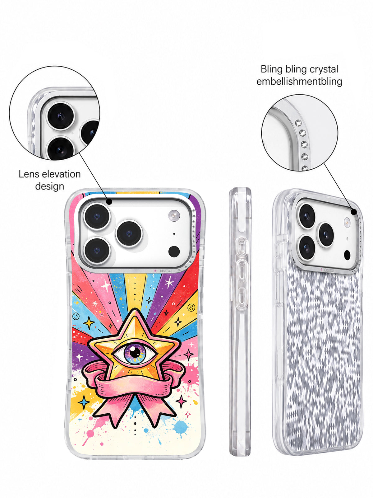 Front, side and rear views with lens-elevation and crystal-material claims