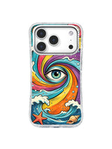 Rainbow Ocean Eye: A green eye sits inside a turquoise, pink, orange and yellow spiral wave above shells and a starfish.