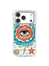 Shell Ripple Gaze: A green eye is centered in scalloped pink, yellow and red rings amid turquoise splashes, a shell and a starfish.