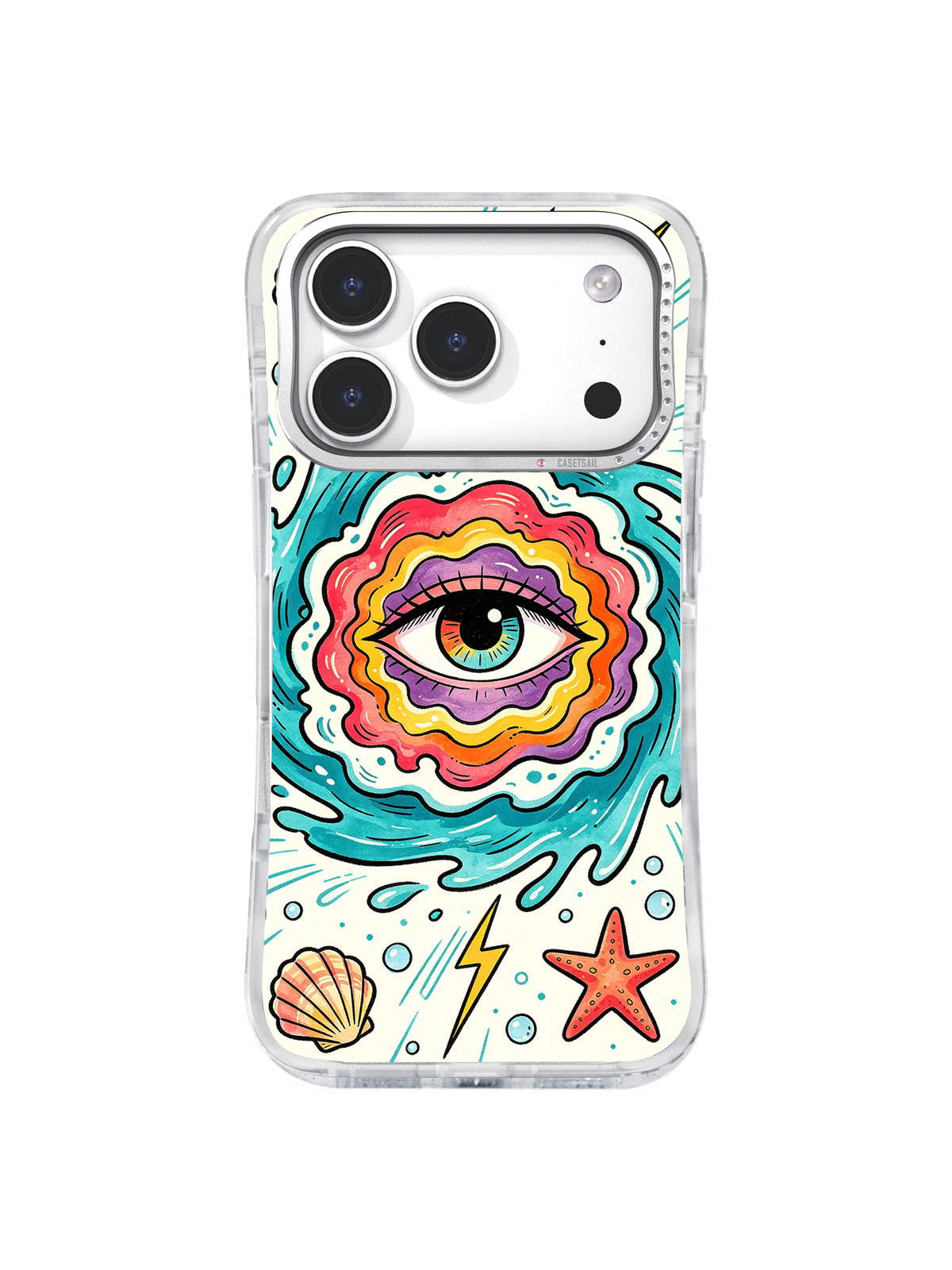 Shell Ripple Gaze: A green eye is centered in scalloped pink, yellow and red rings amid turquoise splashes, a shell and a starfish.