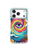 Coral Wave Vision: A green eye rests in a multicolor spiral above blue waves, coral and small coastal shapes.