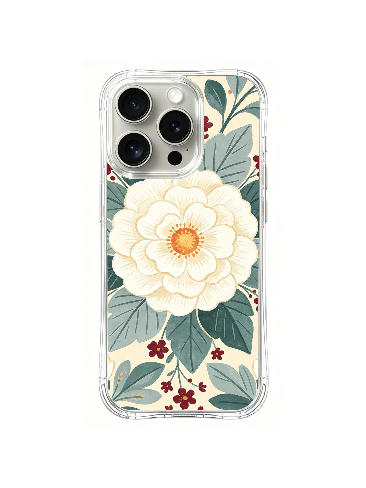 Ivory Camellia Pause pattern on iPhone 15 Pro case