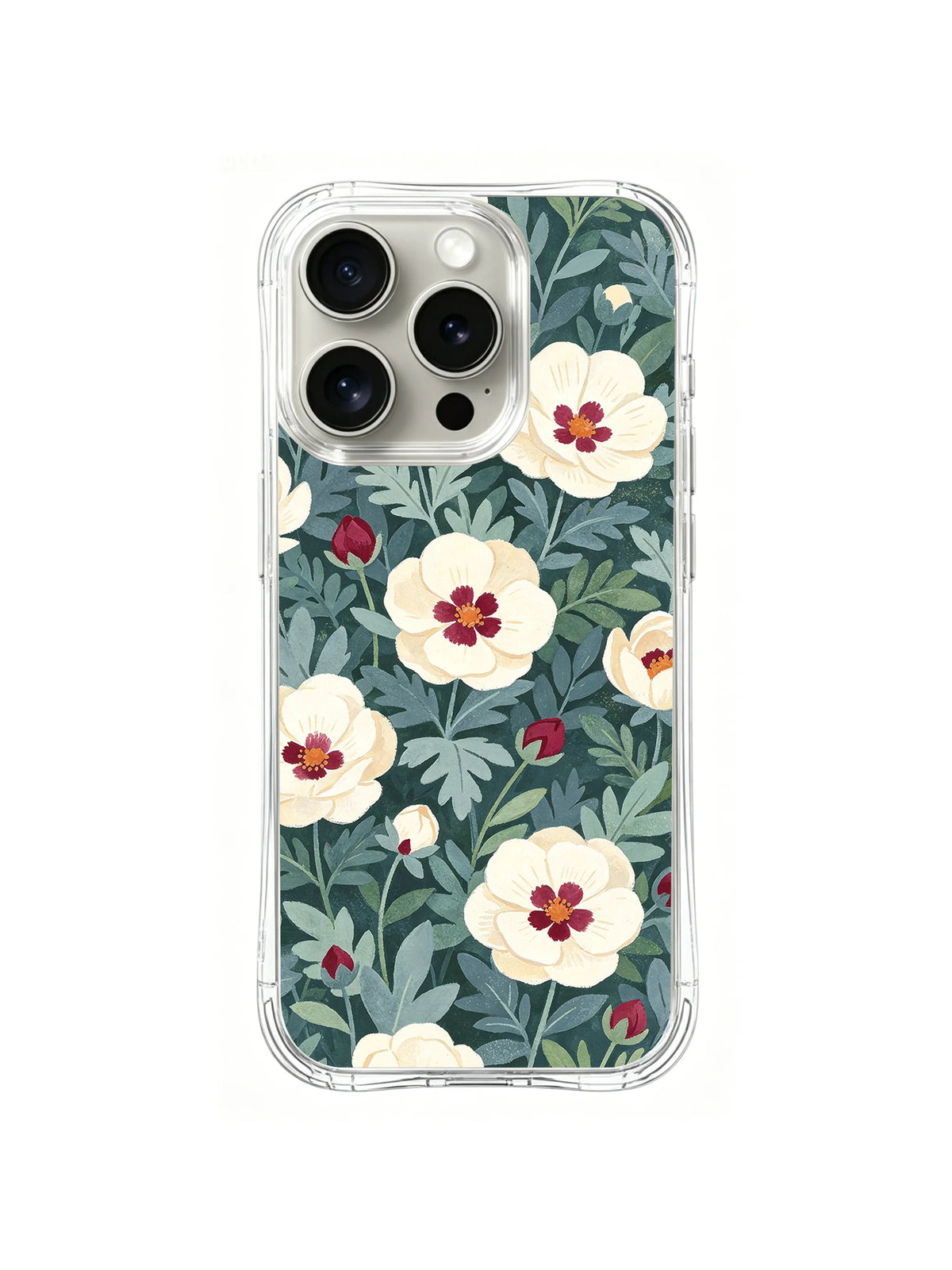 Ivory Woodland Bloom pattern on iPhone 15 Pro case
