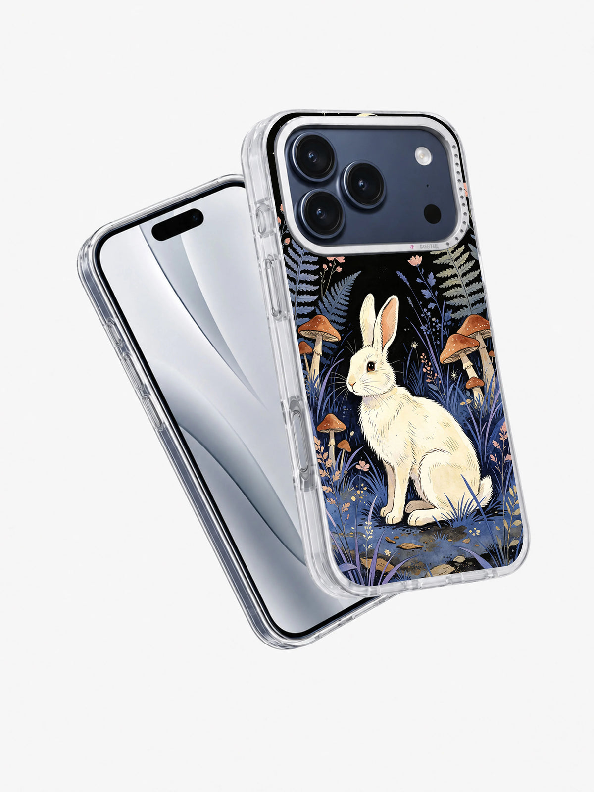 Ivory Moon Hare iPhone case shown from an angled front and back view