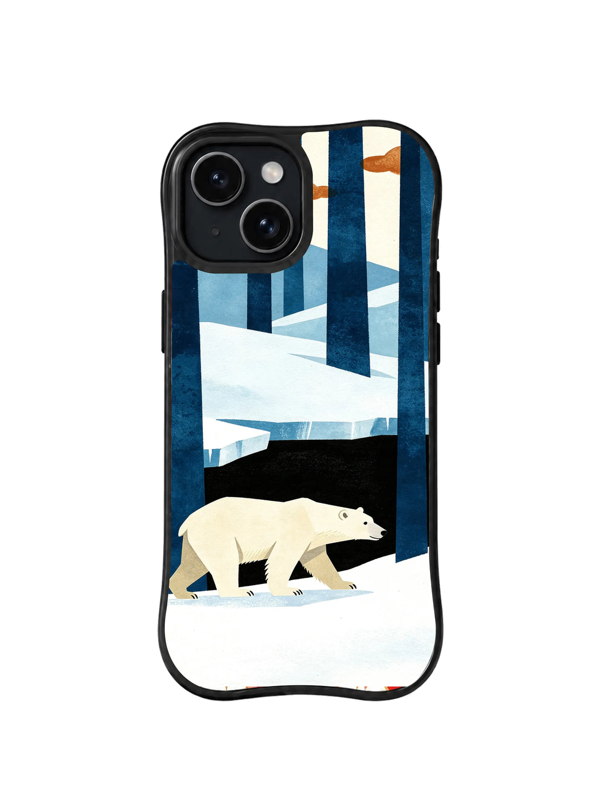 Black iPhone 13 case with ivory polar bear, midnight-blue trees and snowy hills arctic folk art pattern 1