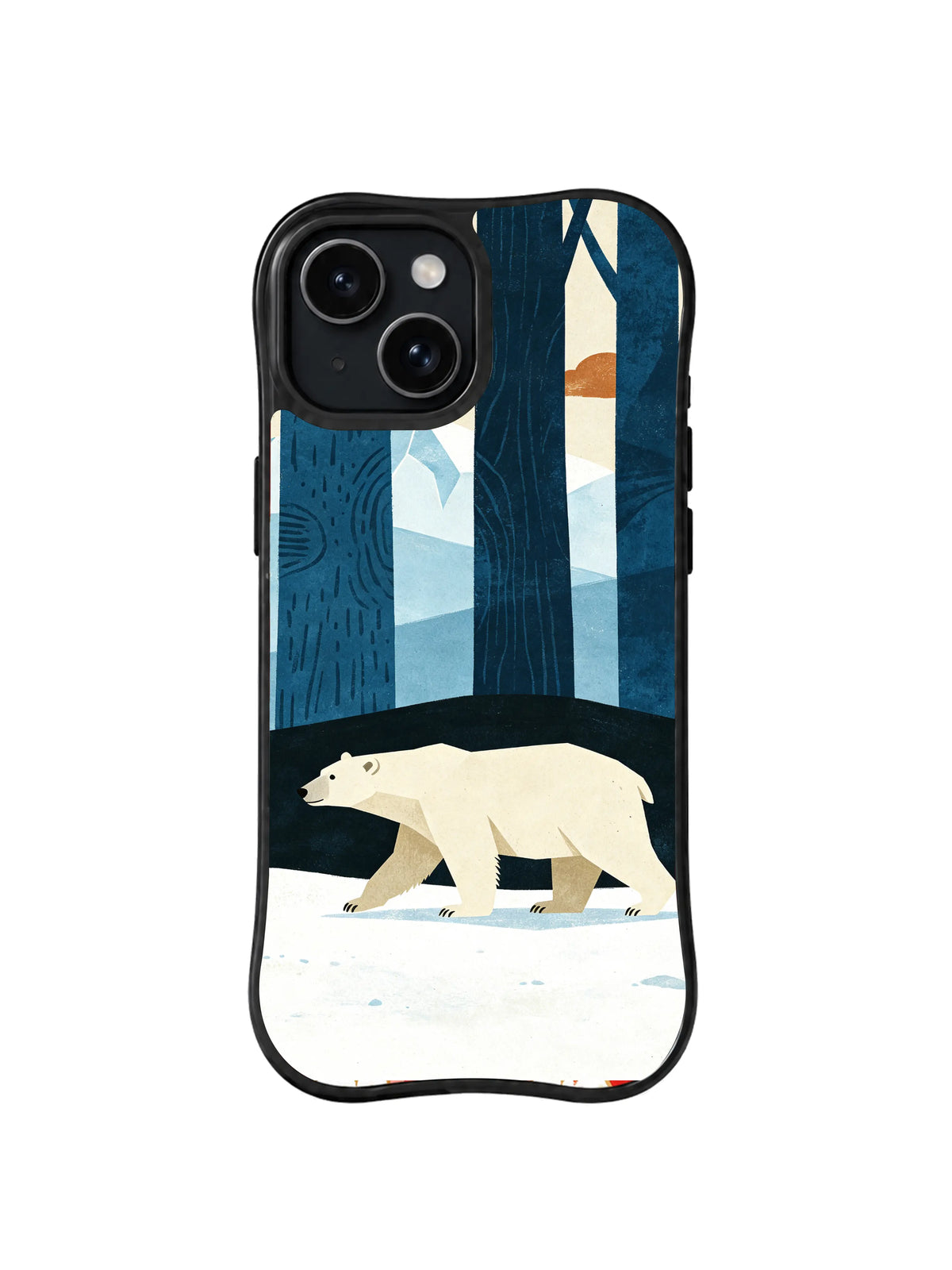 Black iPhone 13 case with ivory polar bear walking through deep blue northern woods folk art pattern 2