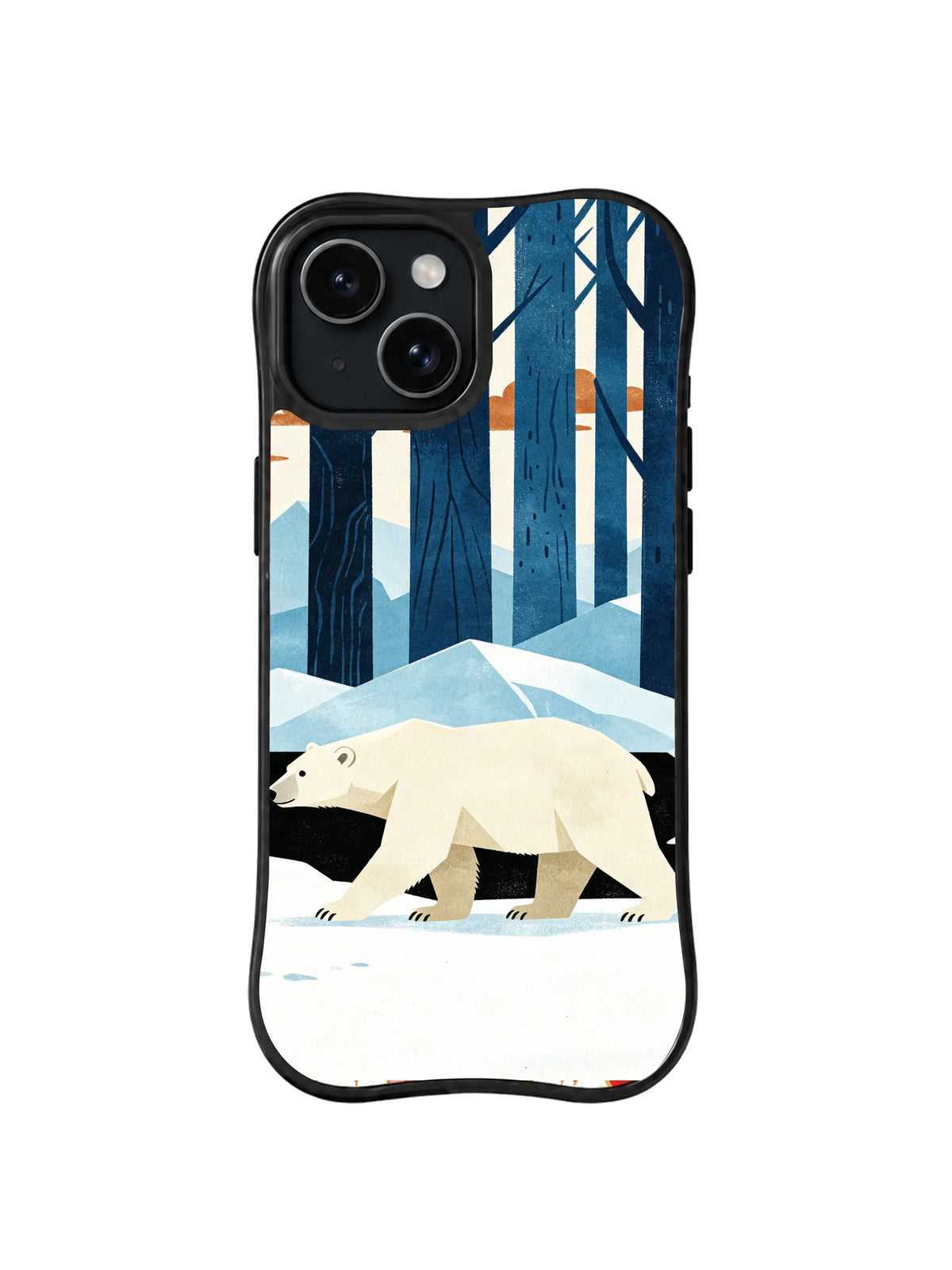 Black iPhone 13 case with ivory polar bear, pale blue ice hills and blue forest folk art pattern 3