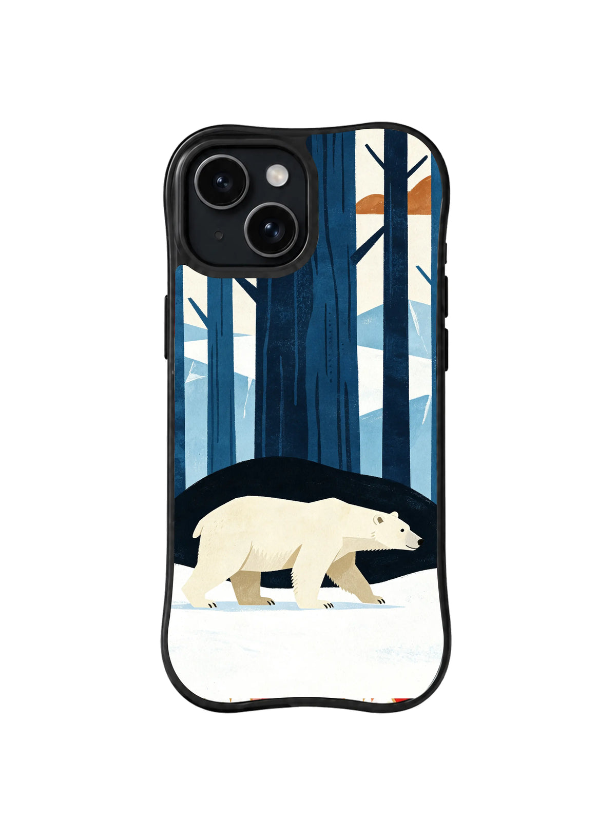 Black iPhone 13 case with ivory polar bear, dark contour and burnt-orange cloud accents folk art pattern 4