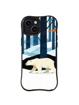 Black iPhone 13 case with ivory polar bear crossing quiet snow and geometric blue trees folk art pattern 5