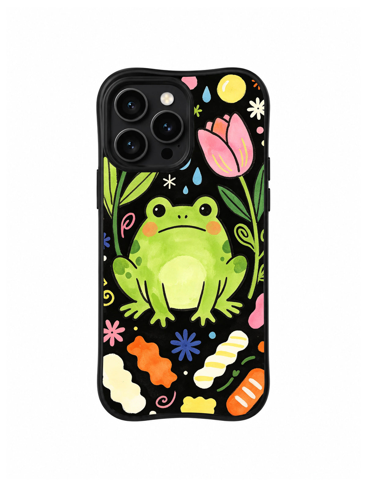 Candy Rain Frog: Parlak yeşil bir kurbağa yağmur damlaları ve şeker benzeri şekiller arasında pembe lalenin altında oturur.