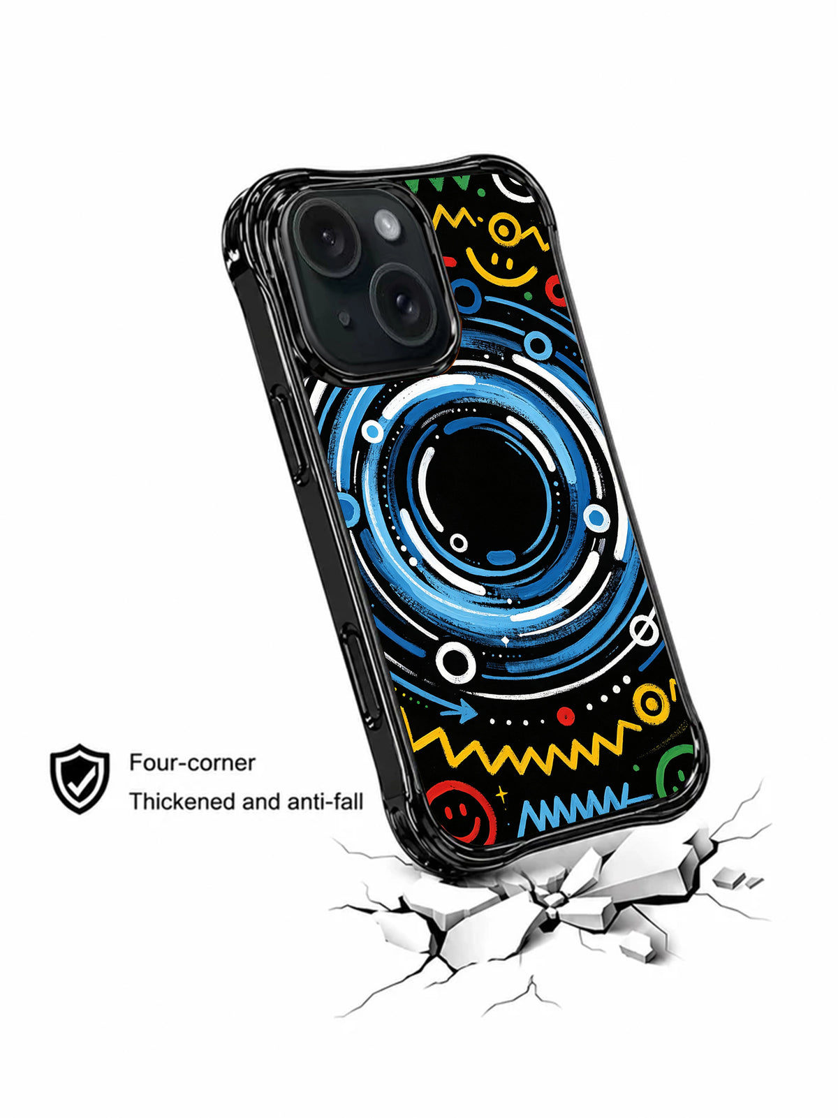 Joy Frequency hand-painted iPhone 15 Pro case angled view