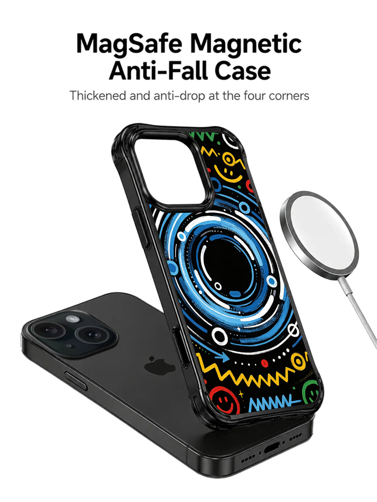 Colorful frequency art iPhone 15 Pro case magnetic charging view