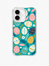 Joyful Easter Tapestry / Colorful Egg Garden: Large colorful patterned eggs scattered among gold sprigs, navy stems and white flowers.