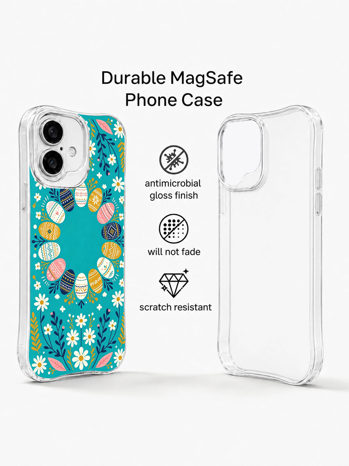 Joyful Easter Tapestry: Illustrated case beside a second rear view in a promotional layout.