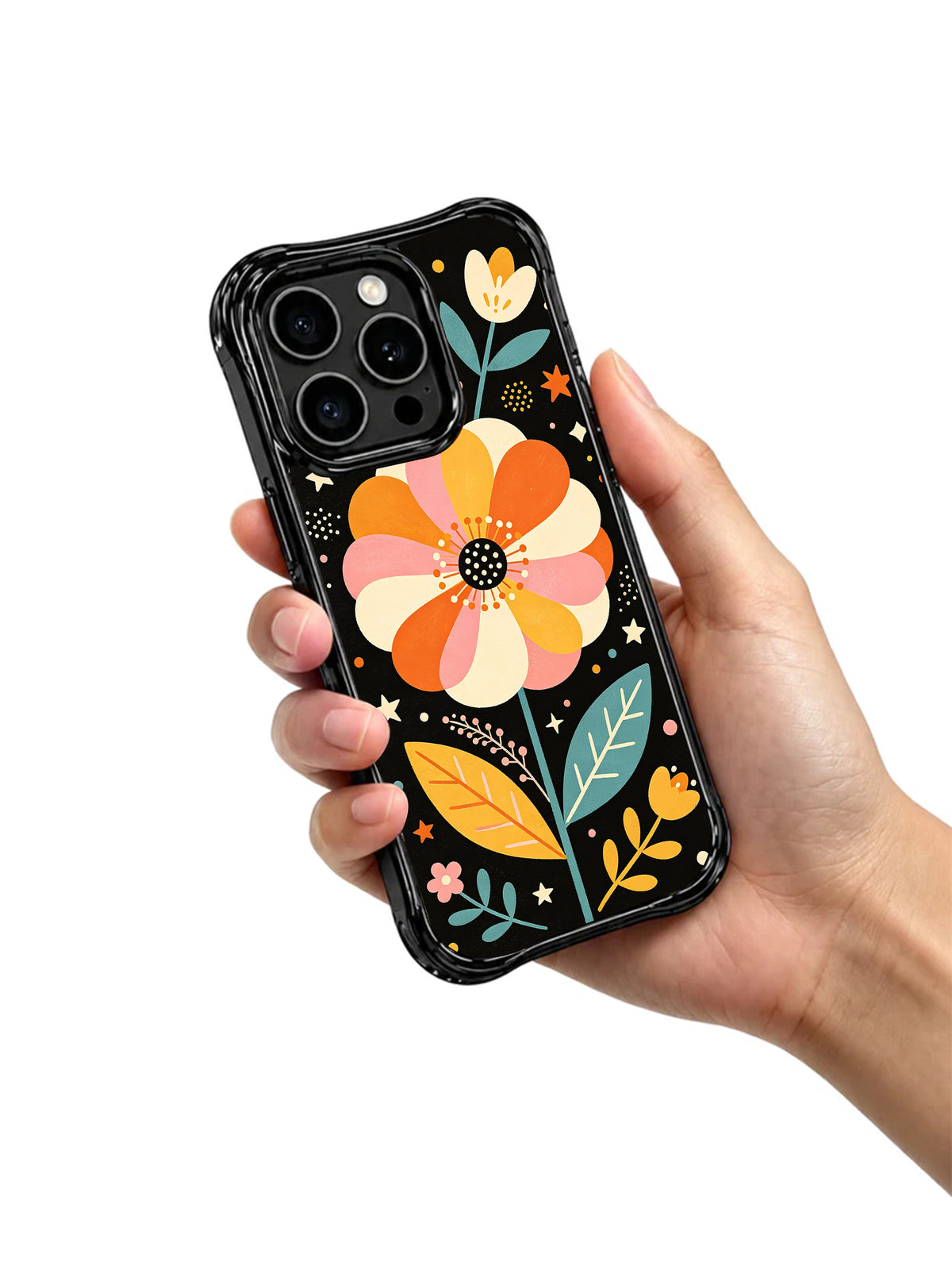 Joyful Folk Flower Garden iPhone 15 Pro case held in hand