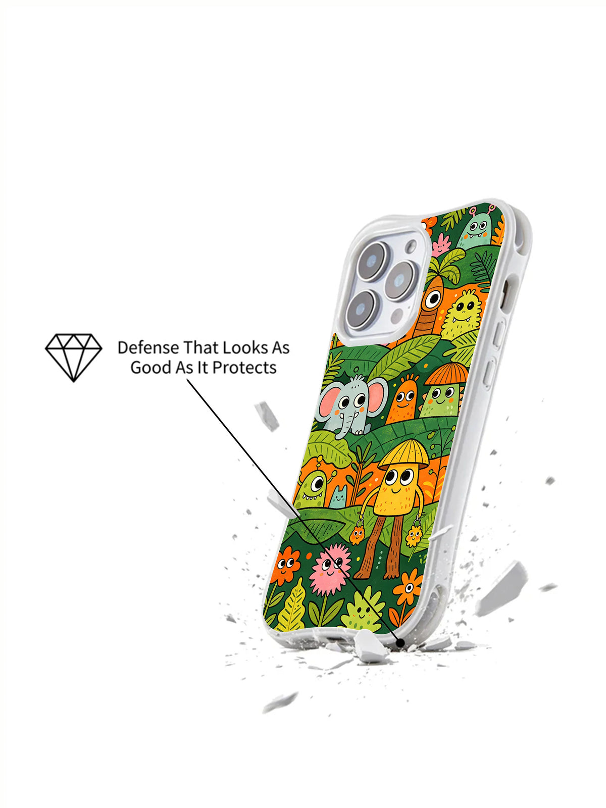 Angled view of Jungle Monster Friends iPhone 13 Pro case