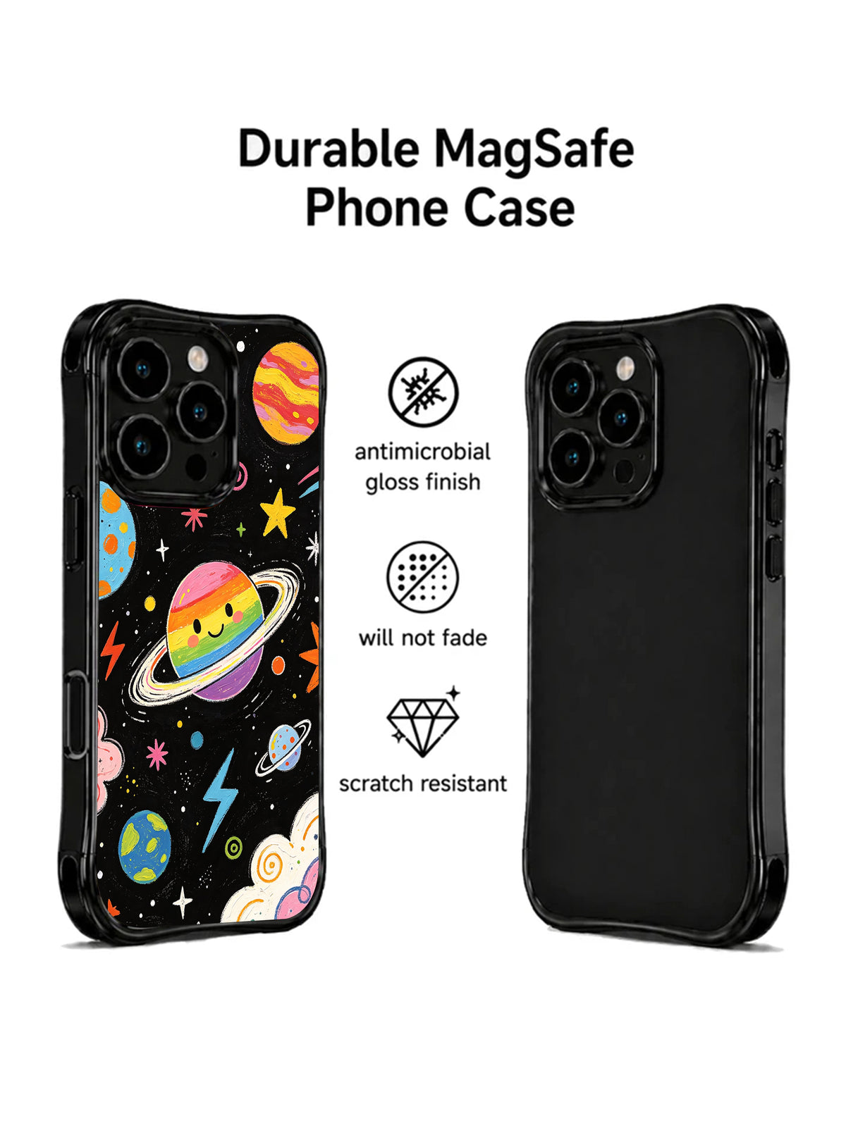 Colorful cosmic doodle iPhone 15 Pro case lifestyle view