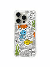 Dense large-eyed sea-creature collage artwork on an iPhone 15 Pro case