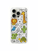 Dense monster zoo character collage on an iPhone 15 Pro case