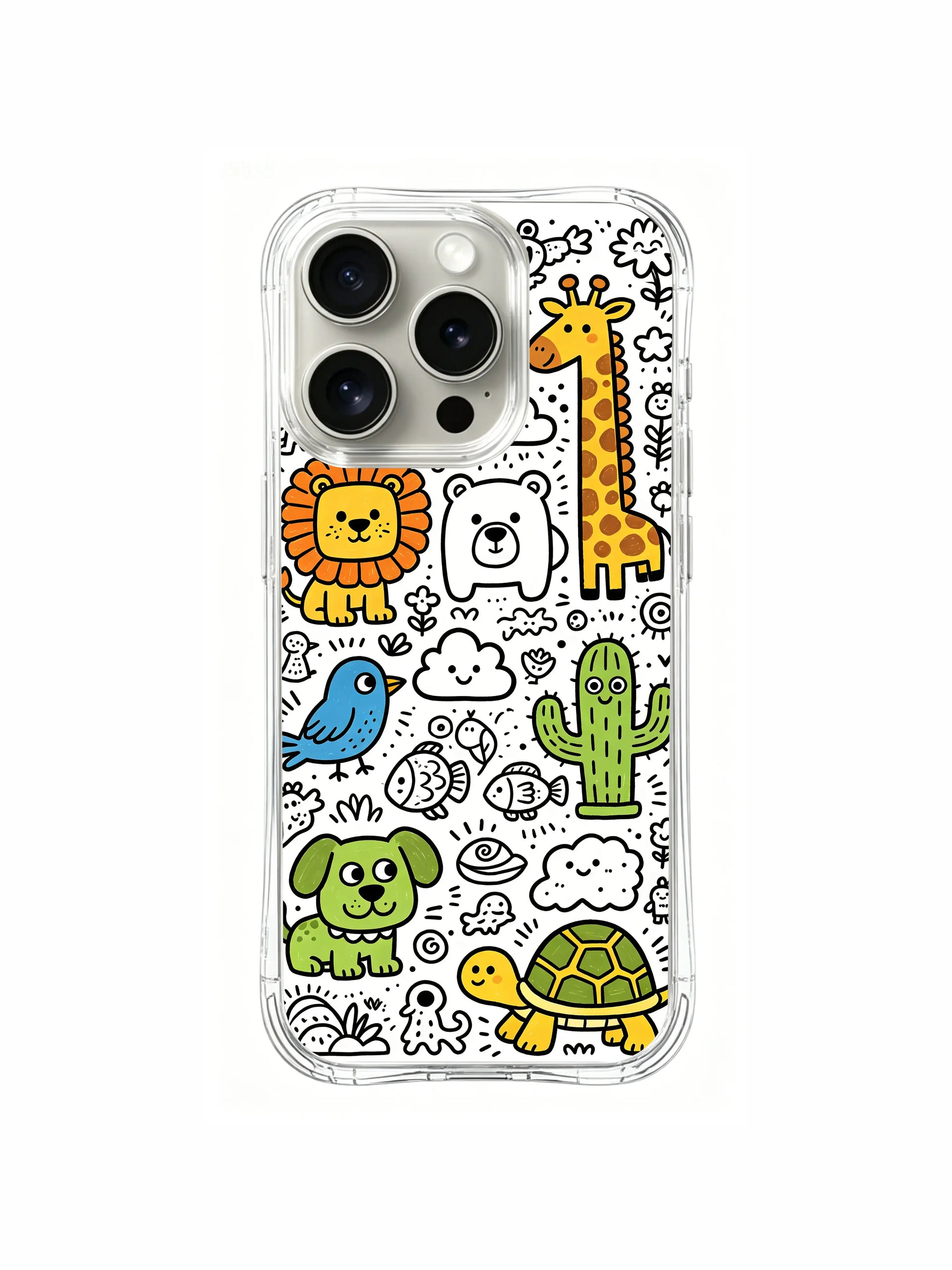 Dense kawaii monster zoo character collage iPhone 15 pro Case, four-corner reinforced anti-drop phone casing, official PhoneCasing artist collection phone cover.