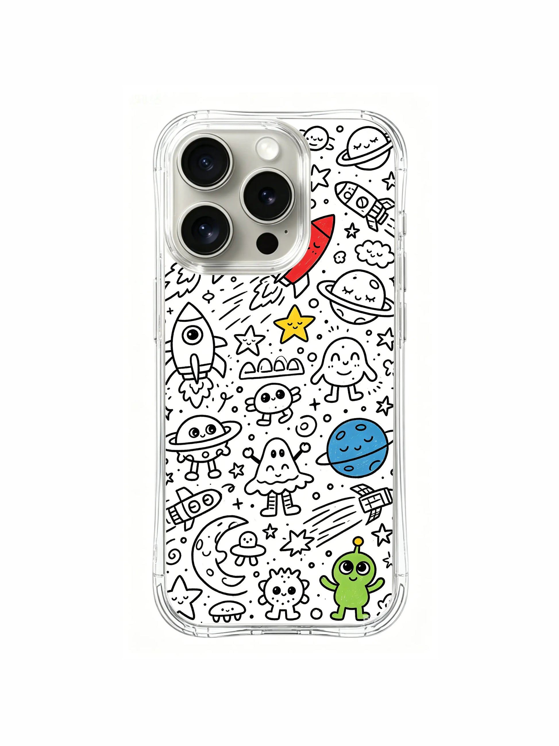 Dense kawaii outer space creature collage iPhone 15 pro Case, four-corner reinforced anti-drop phone casing, official PhoneCasing artist collection phone cover.