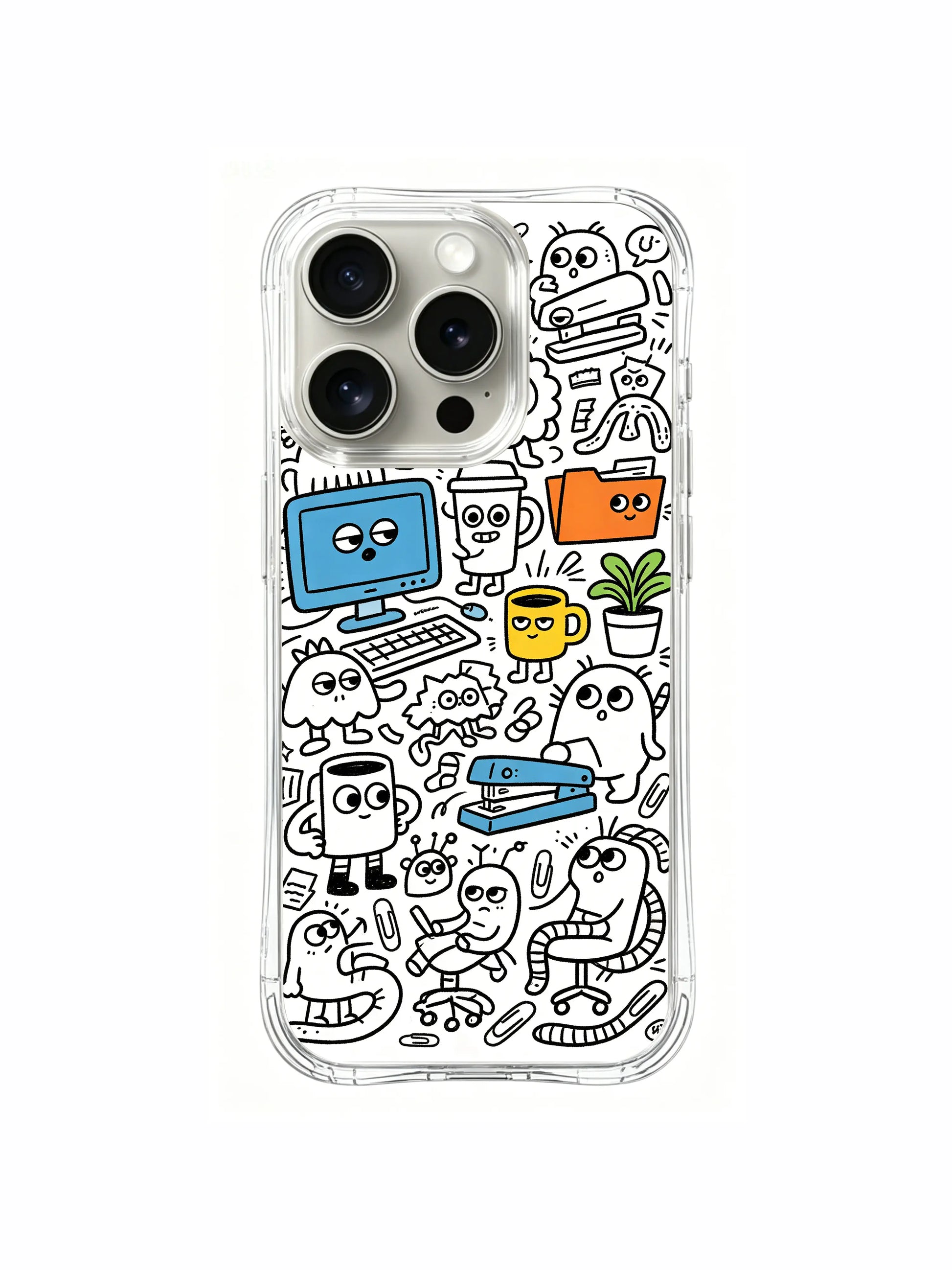 Dense kawaii sleepy office monster collage iPhone 15 pro Case, four-corner reinforced anti-drop phone casing, official PhoneCasing artist collection phone cover.
