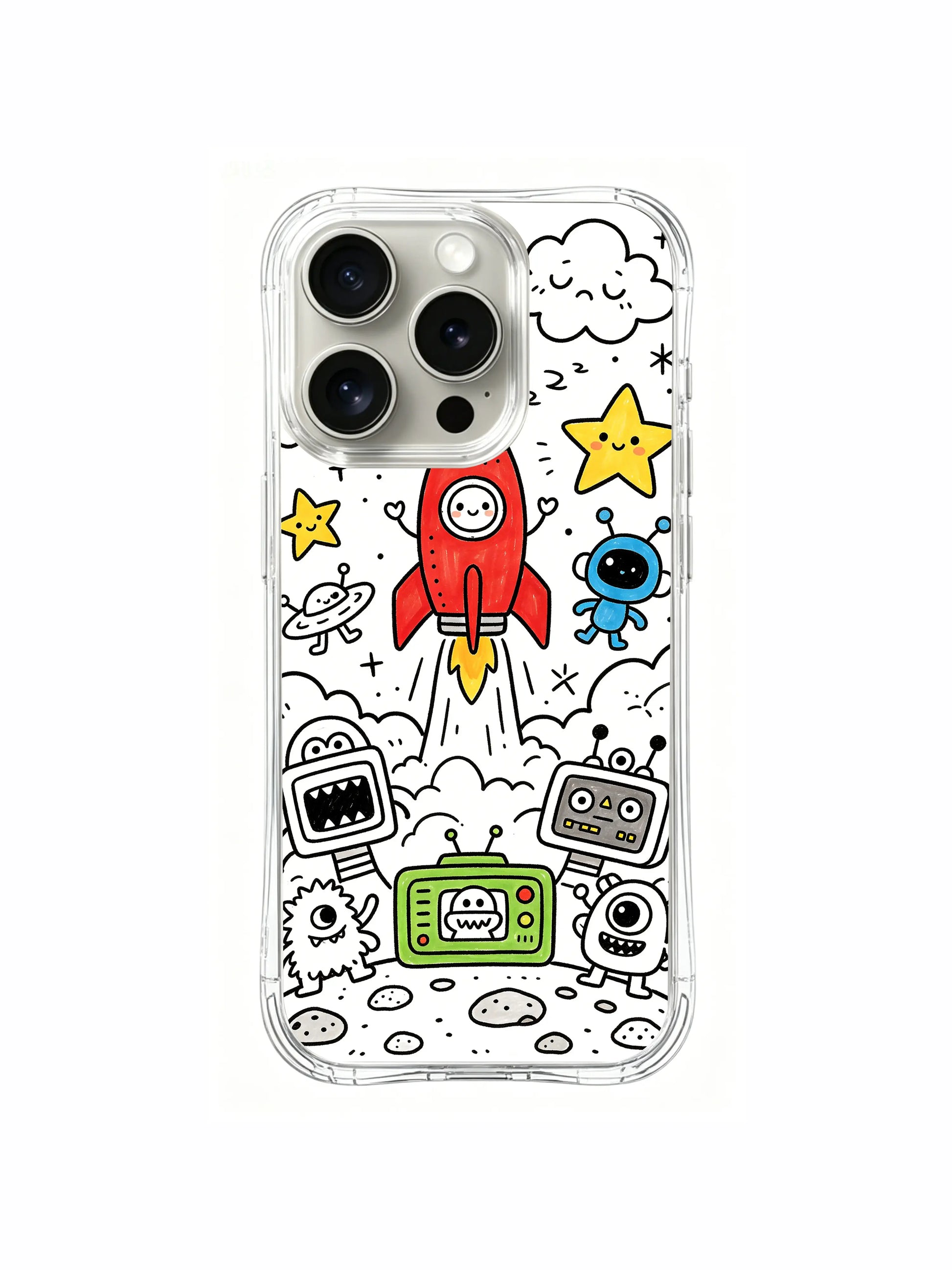 Dense kawaii nervous rocket & excited alien collage iPhone 15 pro Case, four-corner reinforced anti-drop phone casing, official PhoneCasing artist collection phone cover.
